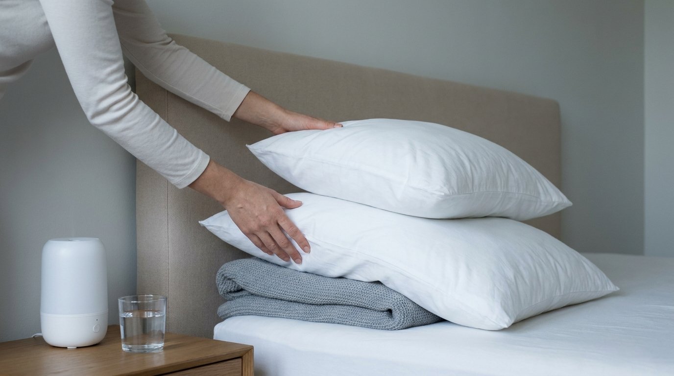 Two hands stacking three white hotel pillows into a sloped wedge against a plain headboard, with a folded blanket beneath them and a humidifier on the nightstand.