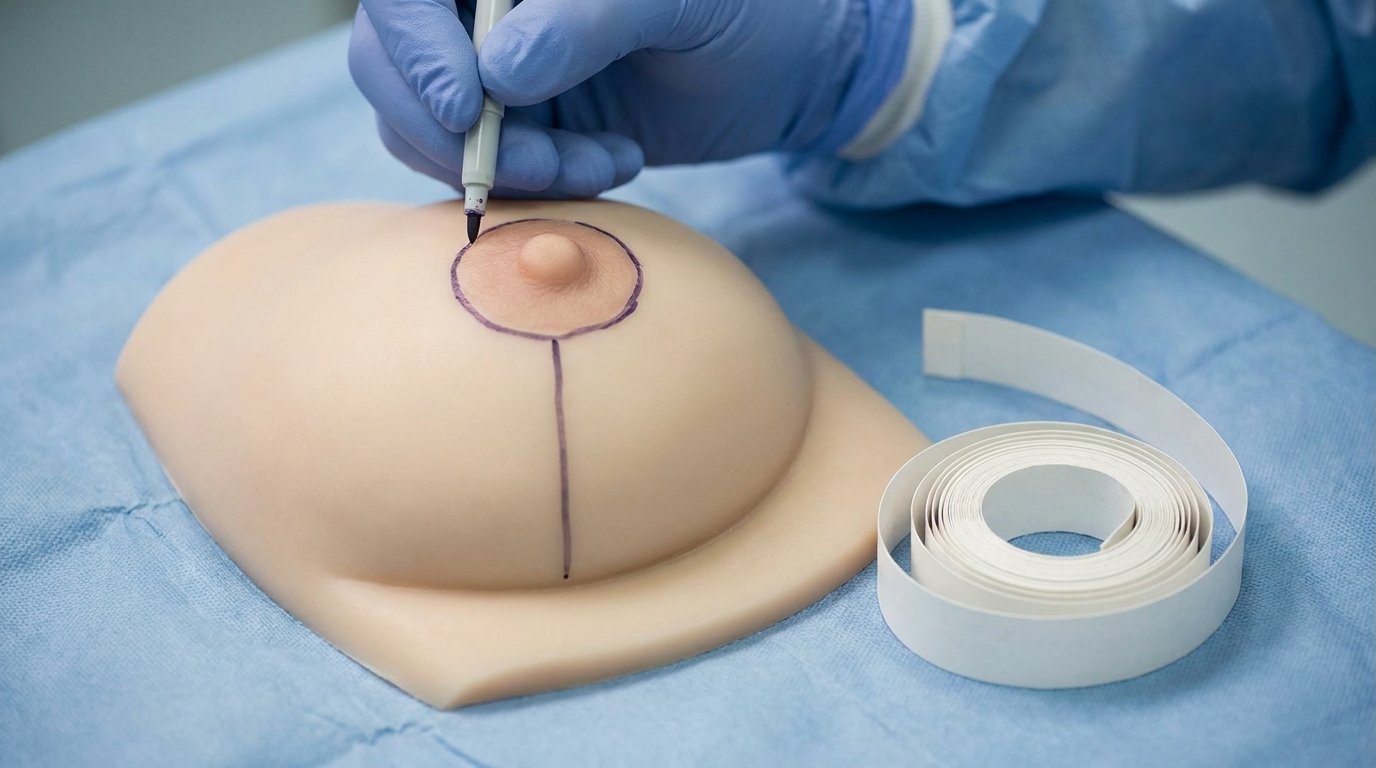 A gloved hand drawing a circle-and-vertical-line lollipop incision pattern on a beige anatomical breast model on a blue drape.