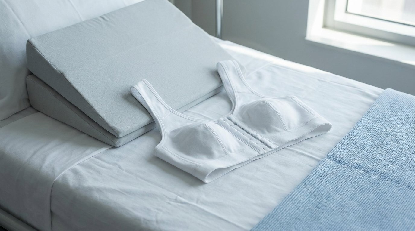 A white surgical compression bra laid flat on a bed next to two stacked wedge pillows arranged at a slight incline.