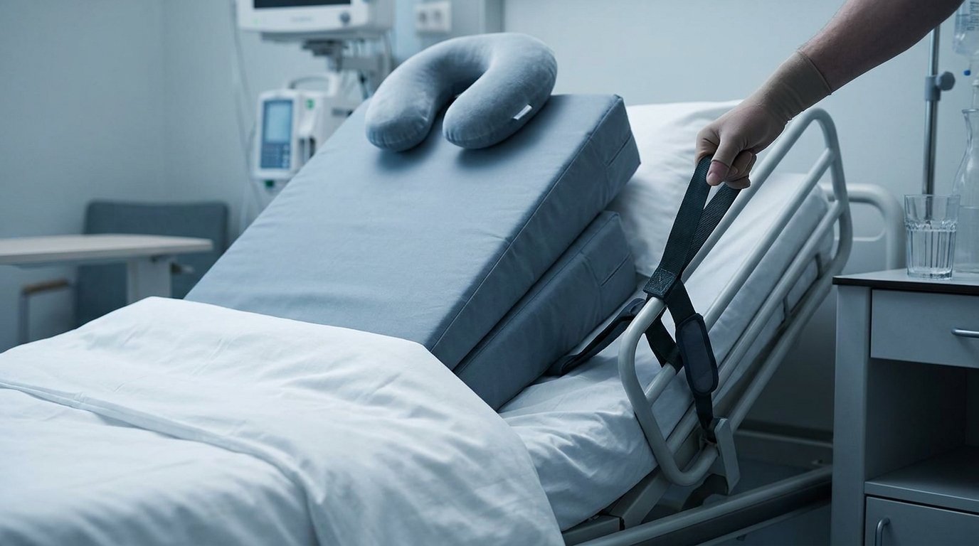 A bed with two stacked wedge pillows and a travel neck pillow, a hand gripping a bedside grab strap to rise without pushing with the arms.