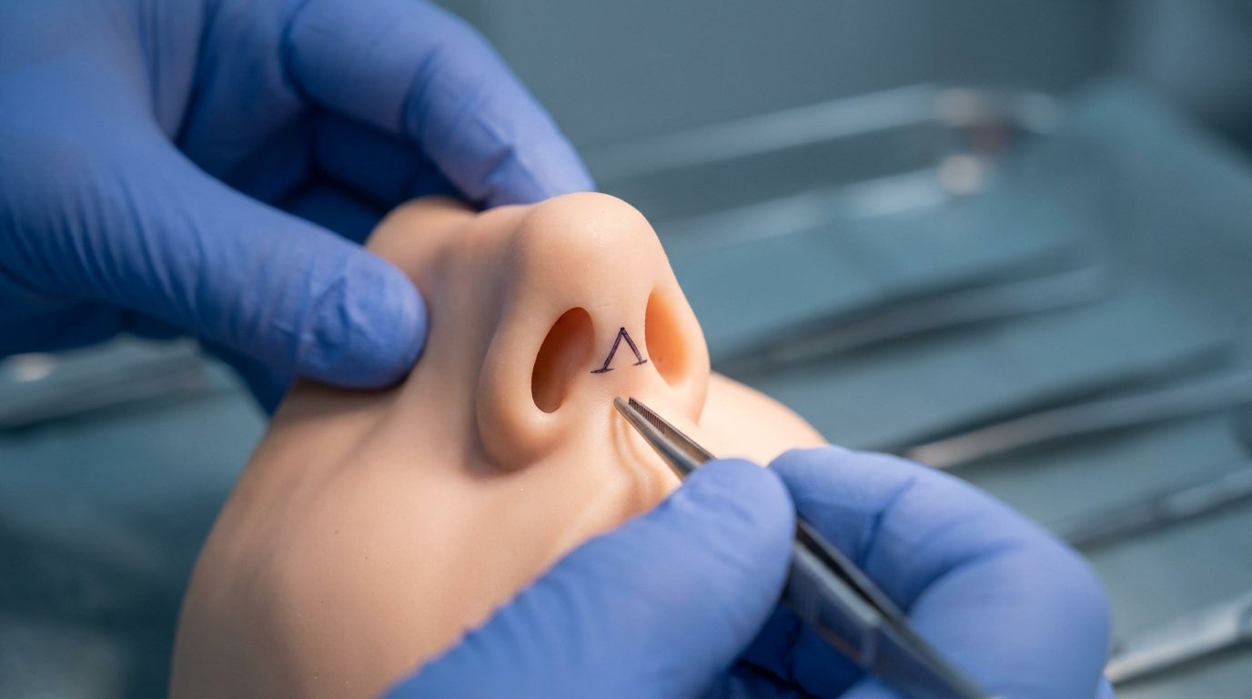 Gloved hand with forceps beside an anatomical nose model marked across the columella between the nostrils.