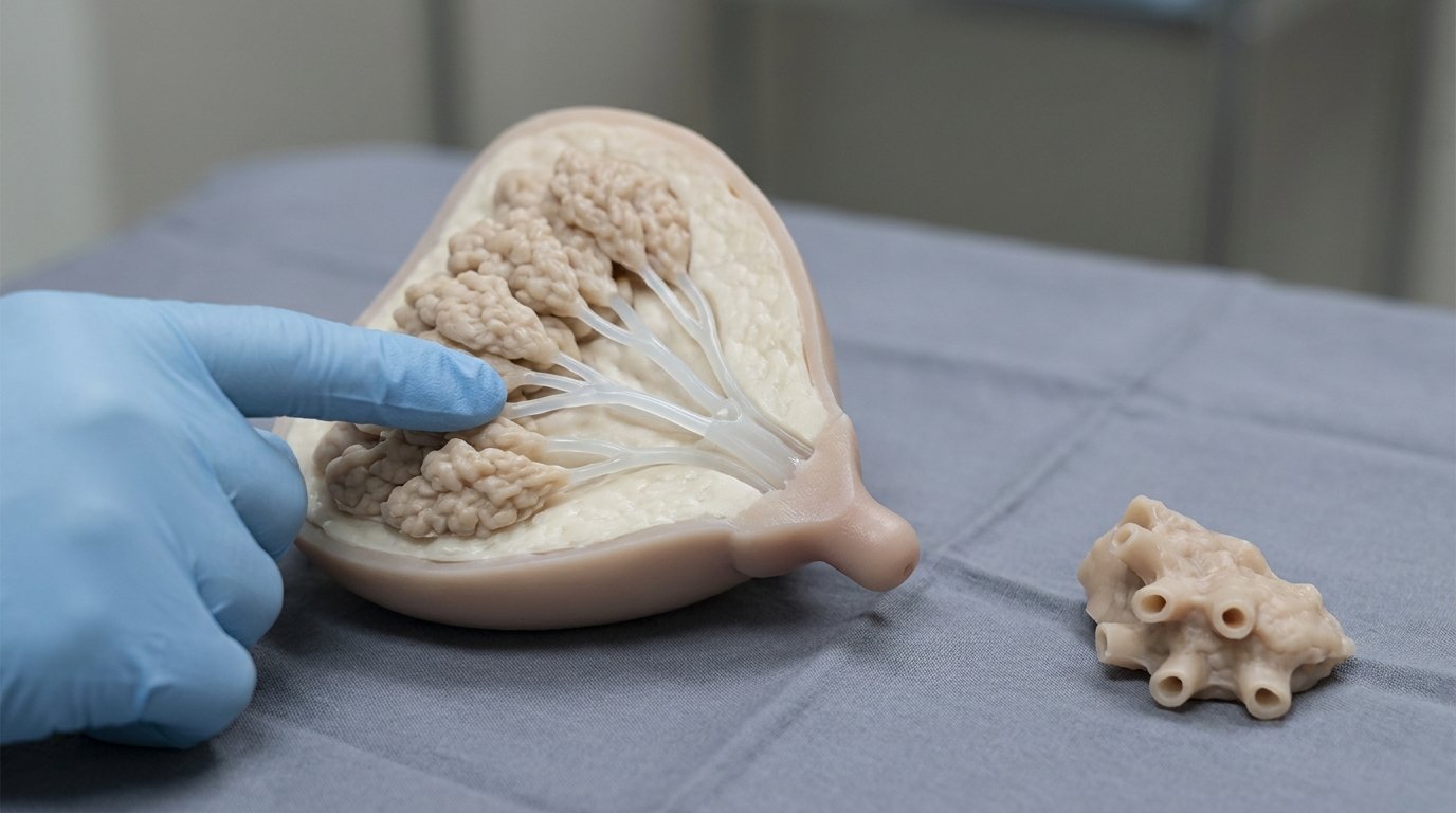 Cutaway silicone breast model showing pale milk ducts running continuously from glandular tissue to the nipple, with a removed gland portion set aside.