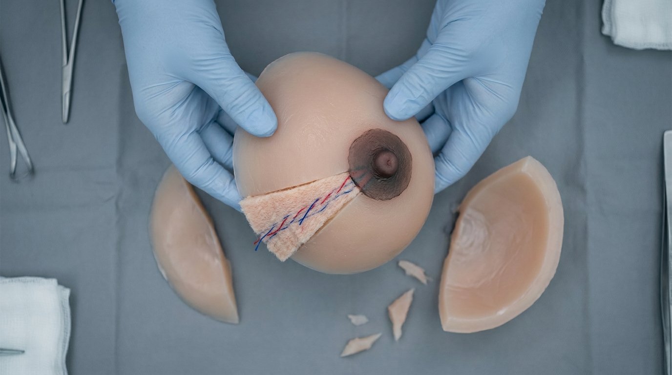 Gloved hands holding a silicone breast model showing a preserved wedge-shaped tissue column connecting the base to the nipple.