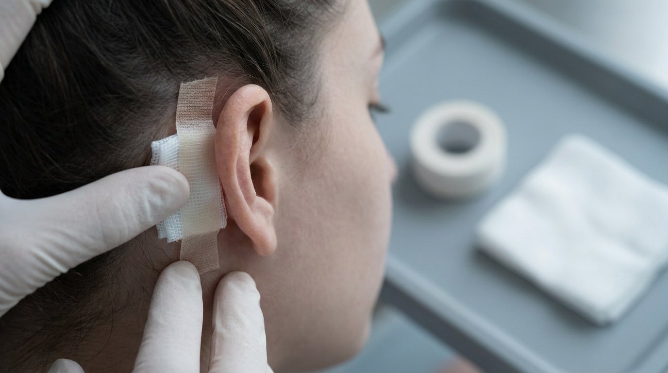 Close view of a small gauze dressing taped in the crease behind an ear, held by two fingertips, with tape and gauze resting nearby.