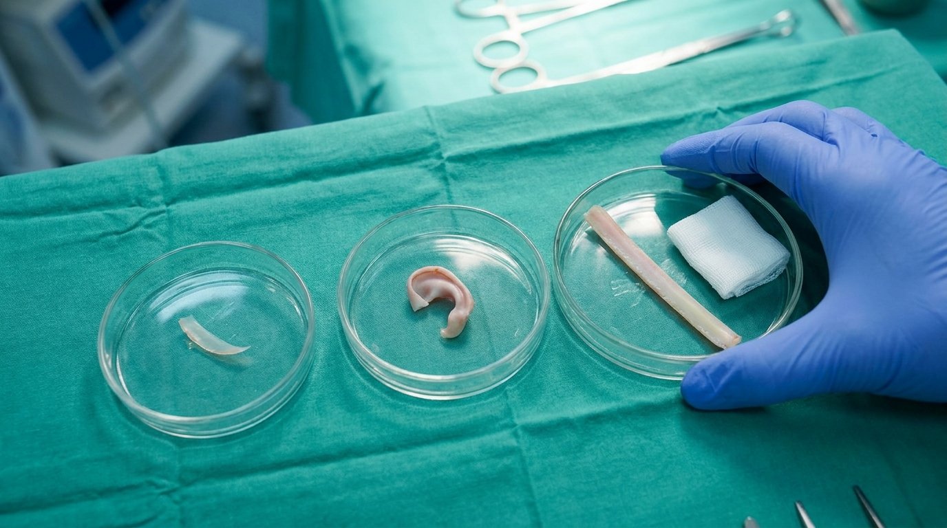 Three sterile dishes on a surgical drape holding septal, ear and rib cartilage specimens arranged from smallest to largest, with one gloved hand steadying the rib dish.