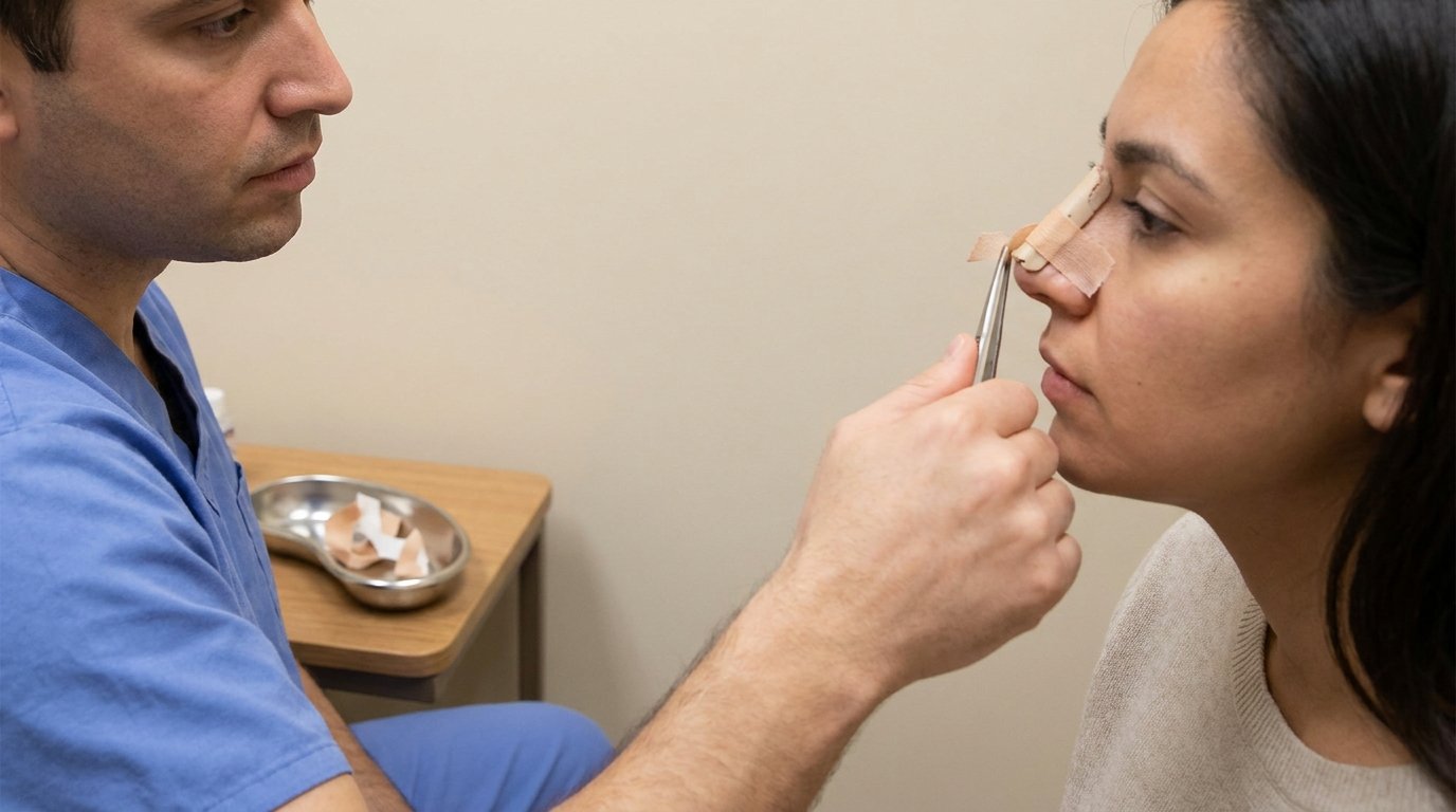 A single clinician using forceps to lift a small rigid splint and tape from the bridge of a patient's nose, with a kidney dish of removed dressing nearby against a bare wall.