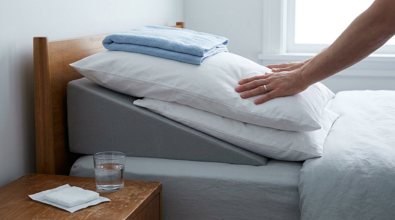 A foam wedge pillow raising stacked white pillows at an incline on a bed, with one hand adjusting the top pillow.