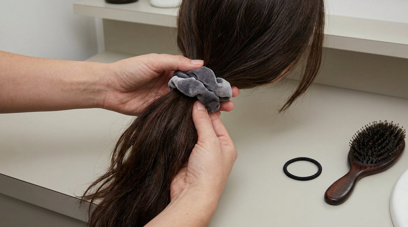 Two hands loosely gathering hair with a soft scrunchie while a thin tight elastic and bristle brush lie set aside.