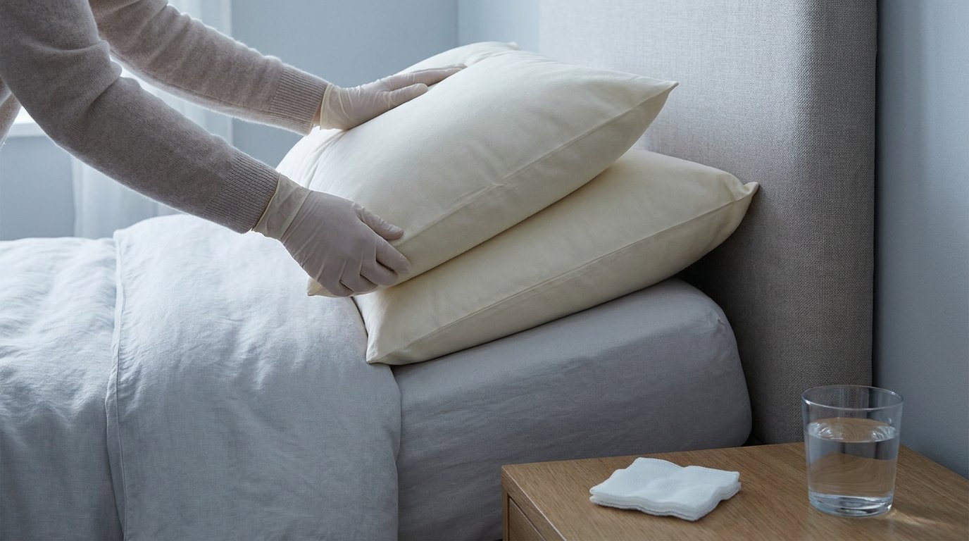 Two firm pillows stacked into an incline wedge against a bed headboard, with hands adjusting the top pillow and a gauze square and strawless water glass nearby.