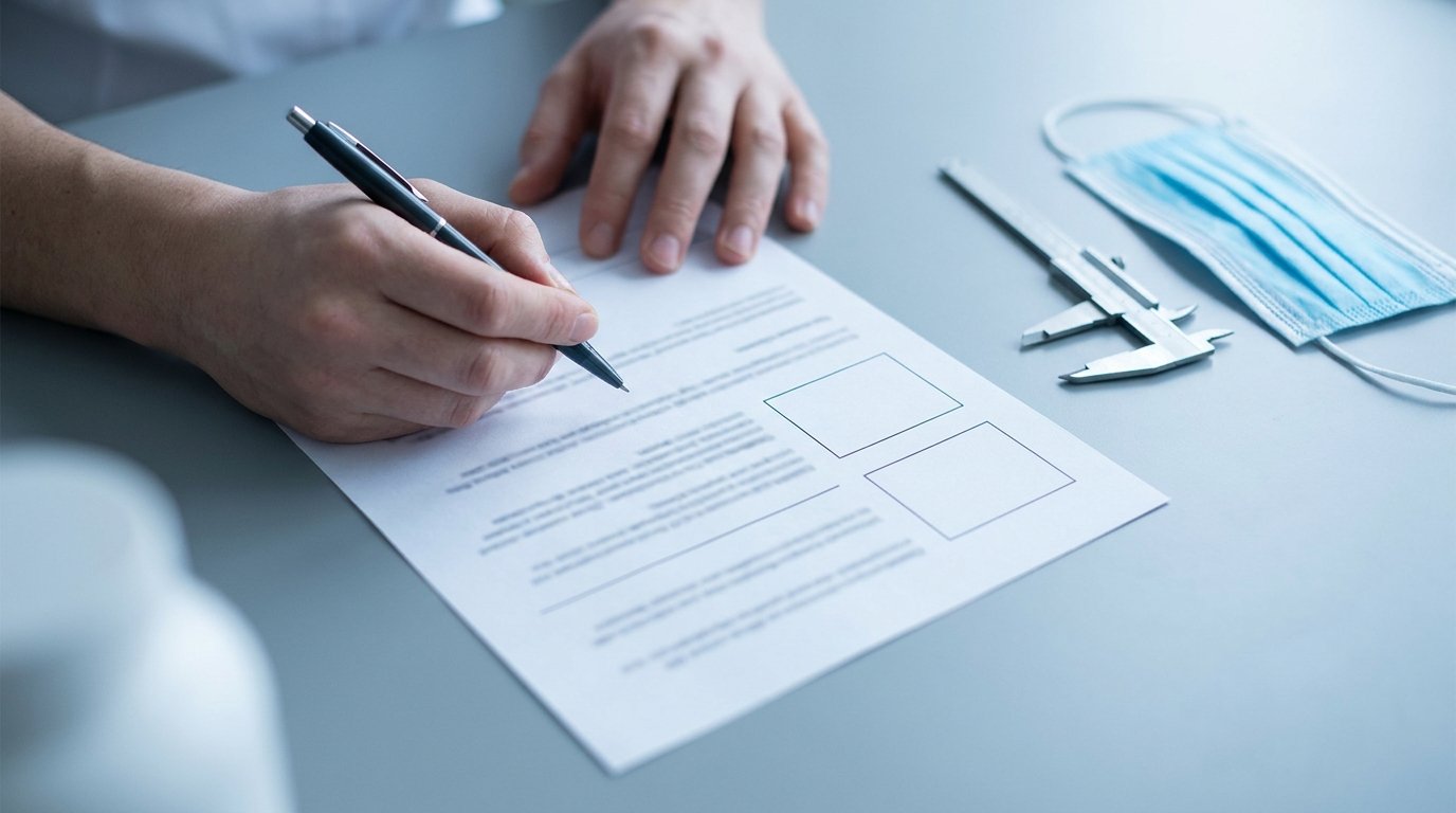 Hands with a pen over a printed quote sheet showing two blank price rows, beside a facial caliper and a folded surgical mask on a plain desk.
