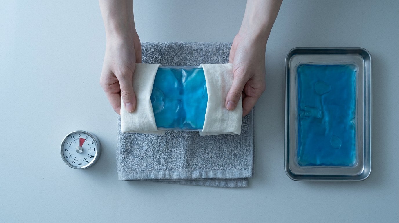 Two hands holding a cloth-wrapped gel cold pack lightly above a folded towel, with a short timer and a spare pack nearby.