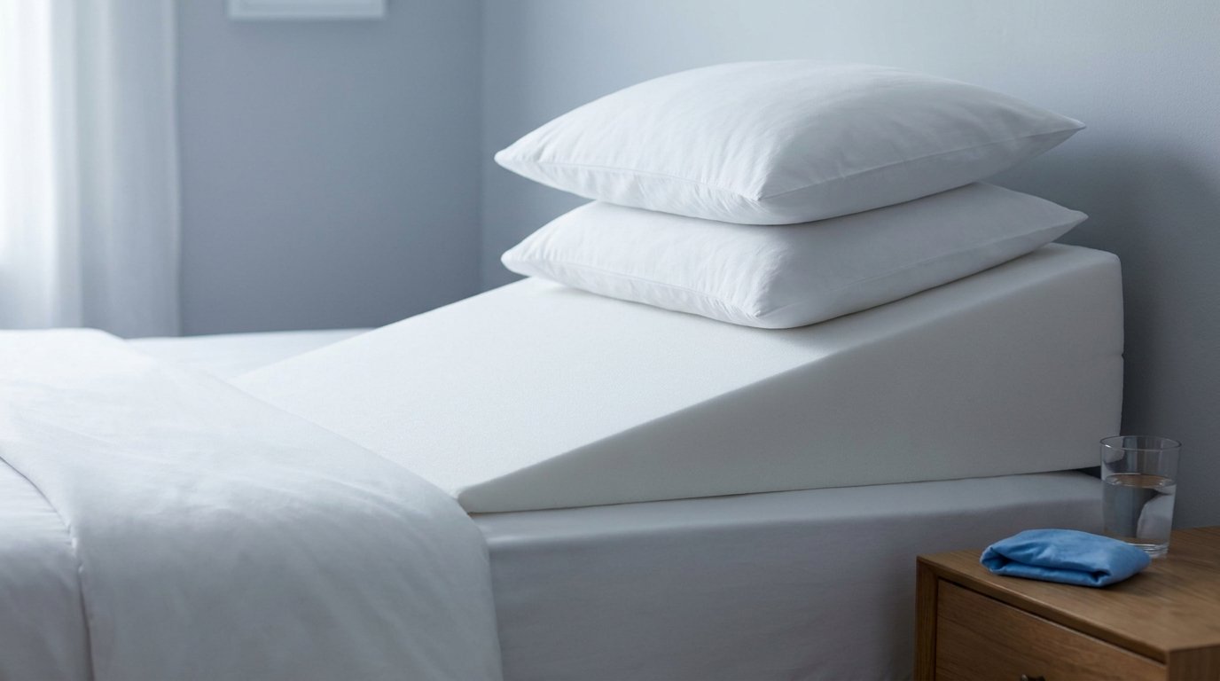 A foam wedge pillow with two pillows stacked on top on a plain white bed, a glass of water and folded compress on the nightstand.