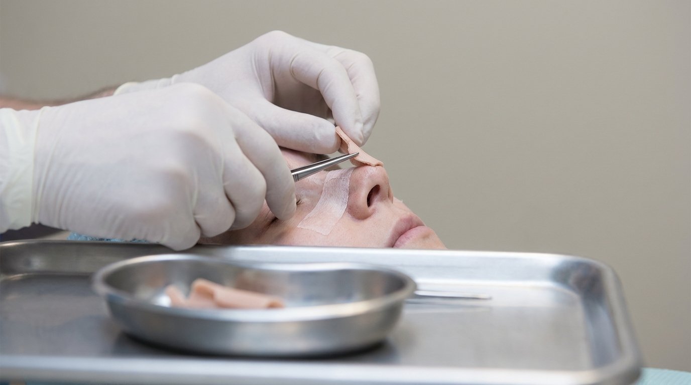 Gloved hands lifting a small rigid nasal splint from the bridge of a patient's nose with forceps beside a tray.