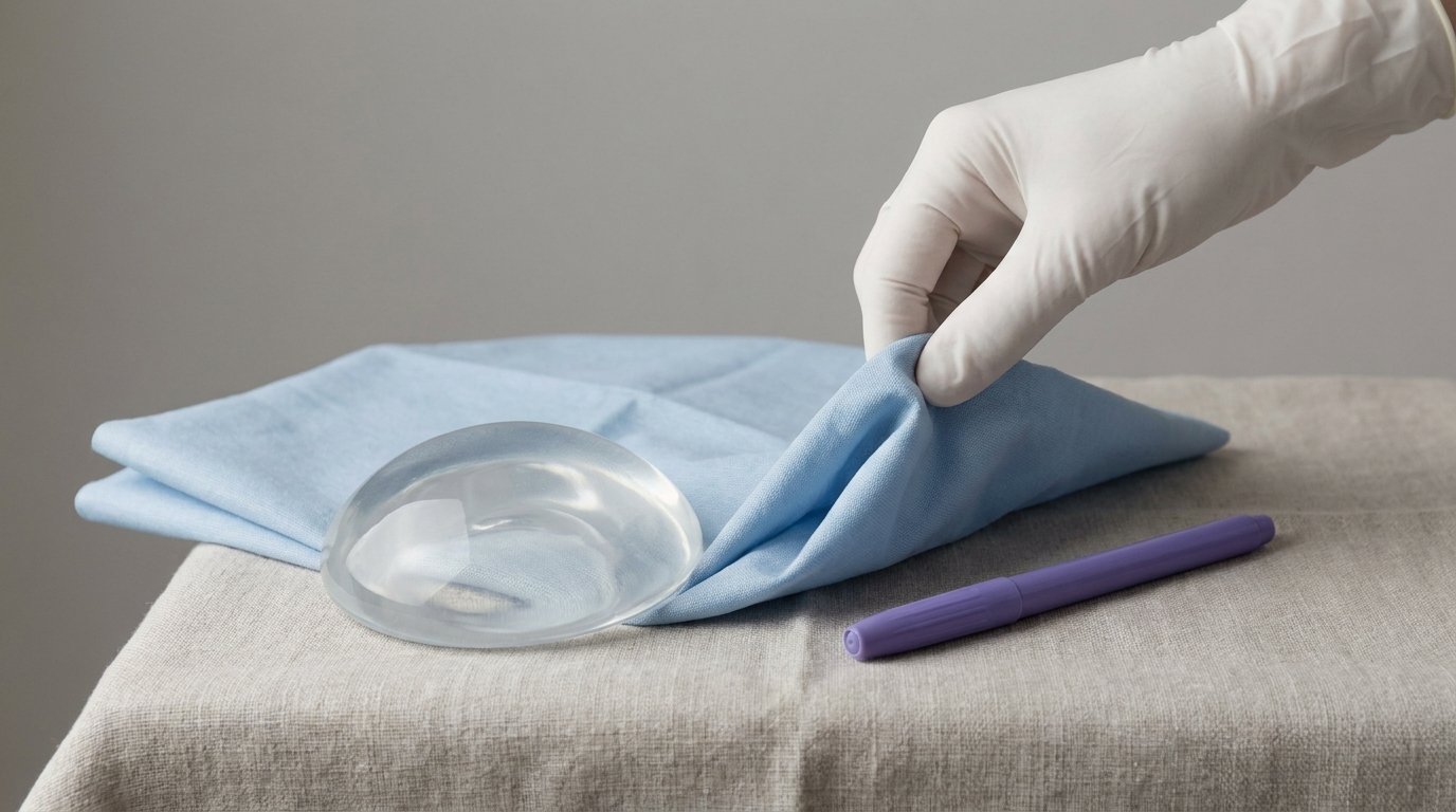 A silicone implant beside loose draped fabric that a gloved hand lifts into a visible fold, with a skin marker nearby.