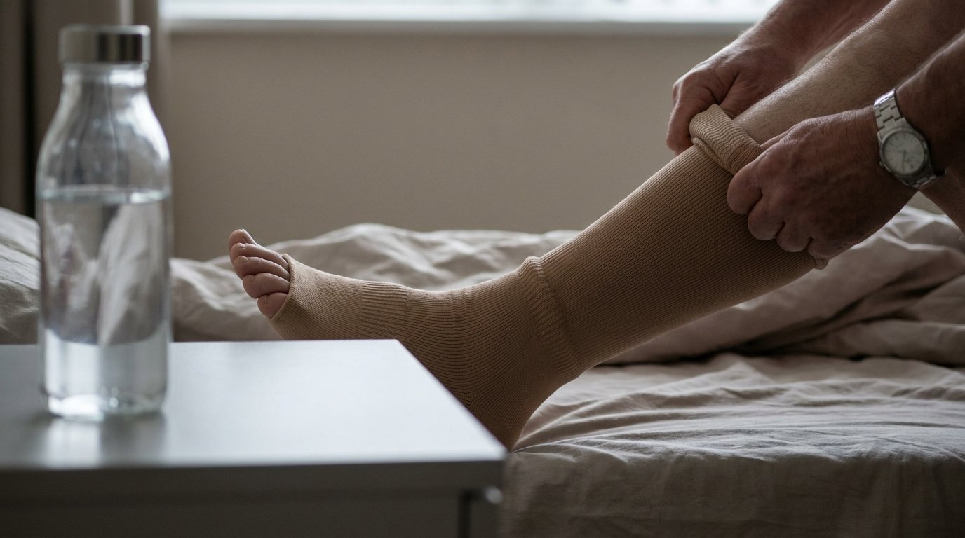 Two hands pulling a graduated medical compression stocking up over a lower leg, with a water bottle resting nearby on a plain surface.