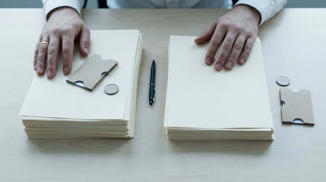 Two unmarked stacks of printed quotes on a plain desk, hands resting on each, with a hotel keycard and transfer token added to one stack and set aside from the other.