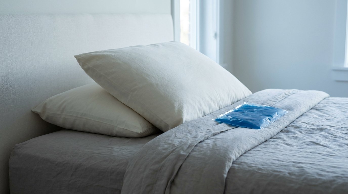 Two pillows stacked into a raised incline on a bed with a reusable gel cold pack beside them.