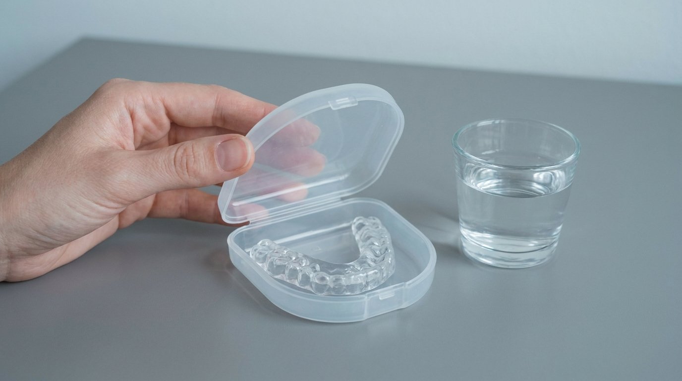 A clear dental night guard in an open storage case held by one hand, with a cup of water nearby.
