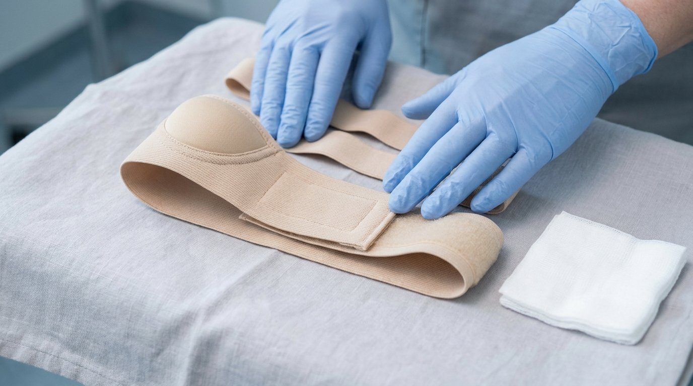 An unbranded elastic compression chin strap laid flat with hands smoothing it, a folded gauze pad beside it.