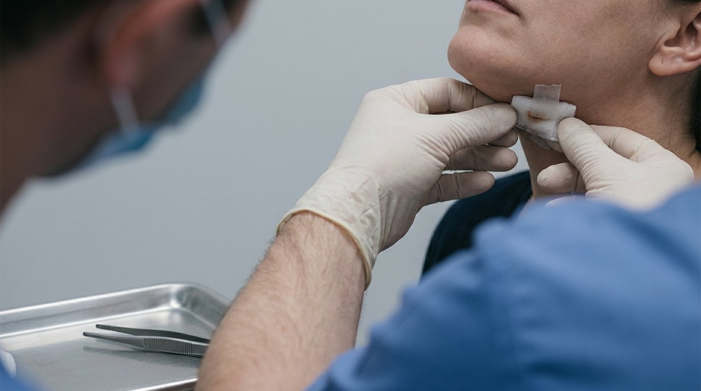 A single doctor in plain scrubs lifting a small gauze dressing from the crease under a patient's chin, forceps on a tray nearby.