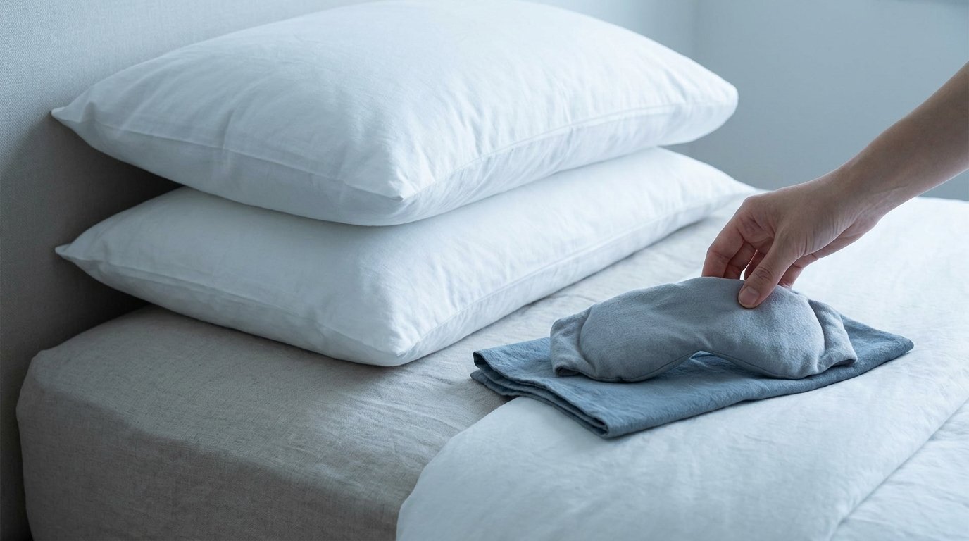 Two pillows stacked at an incline on a bed with a cloth-wrapped cool compress and a hand placing it down.