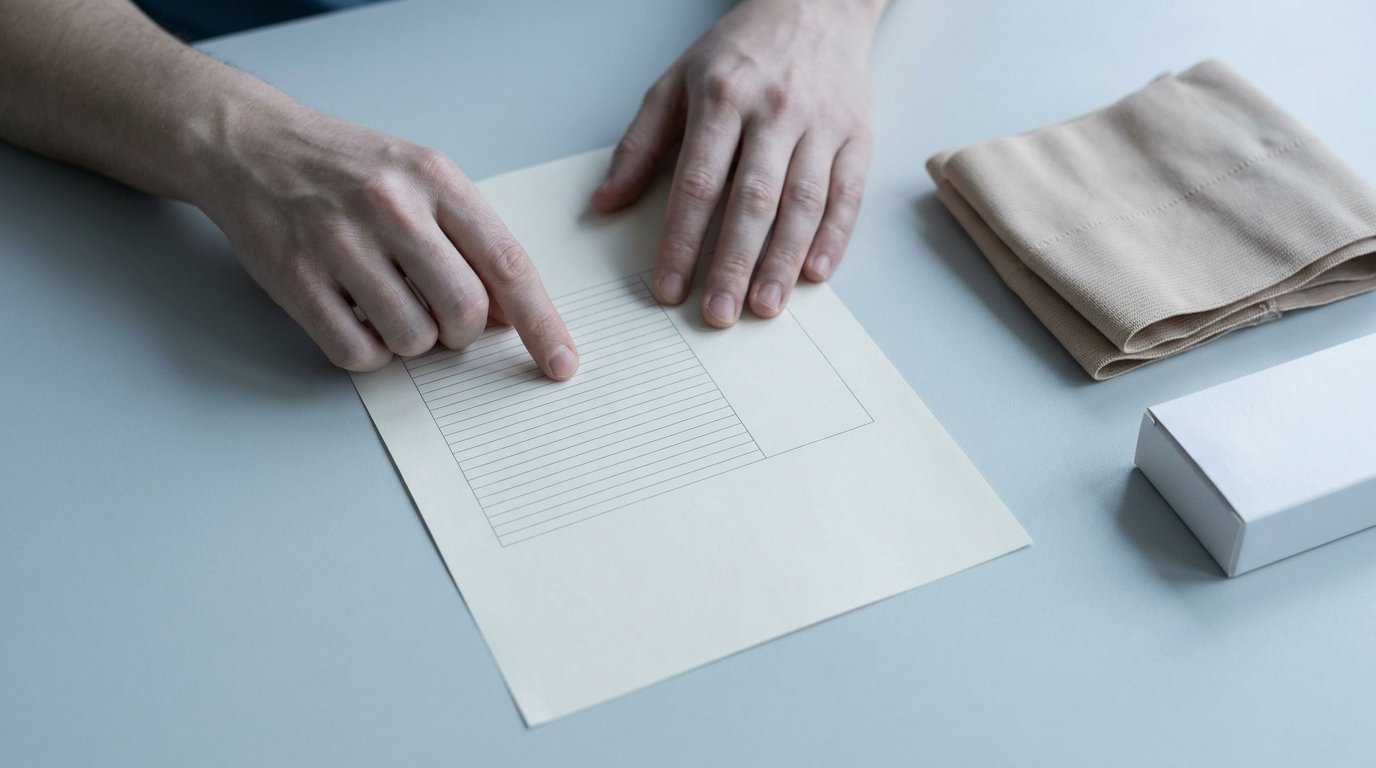 Hands tracing an itemised printed quote on a desk with a folded compression garment and a plain medication box beside it.