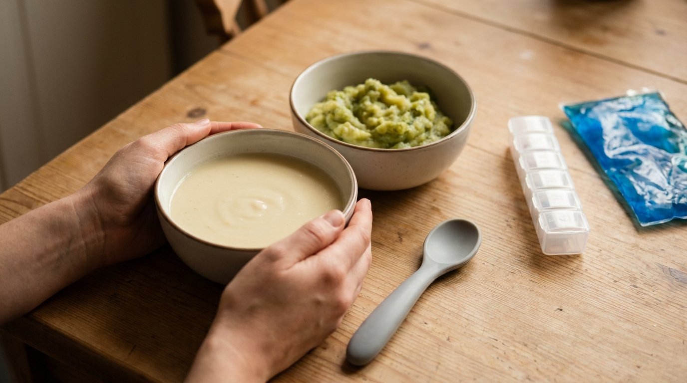 Hands holding a bowl of smooth soup beside mashed soft food, a soft spoon, ice pack and pill organizer on a plain table.