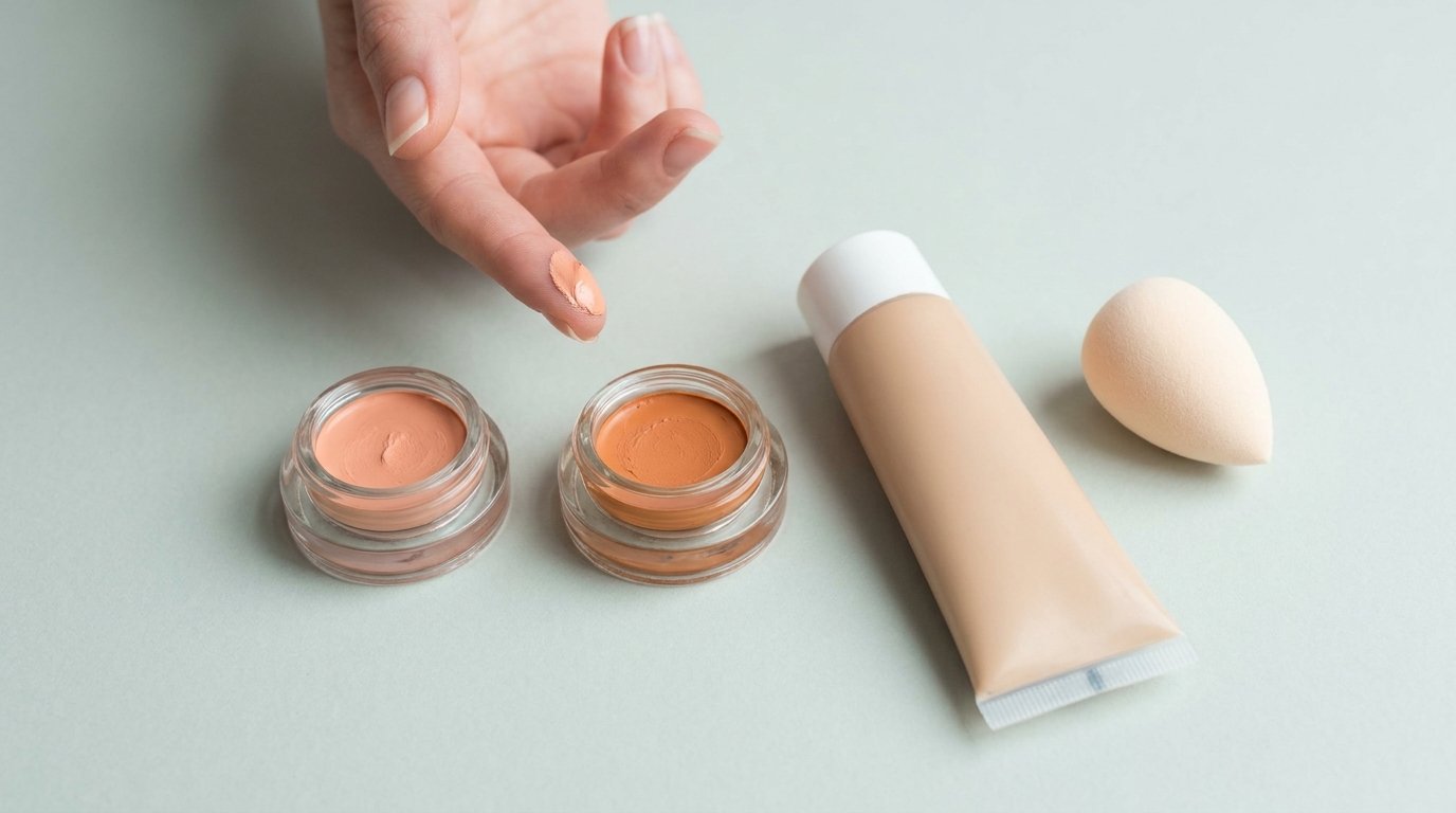 Flat-lay of peach and orange colour-correcting concealers with a foundation tube and sponge on a pale surface, one hand with cream on a fingertip.