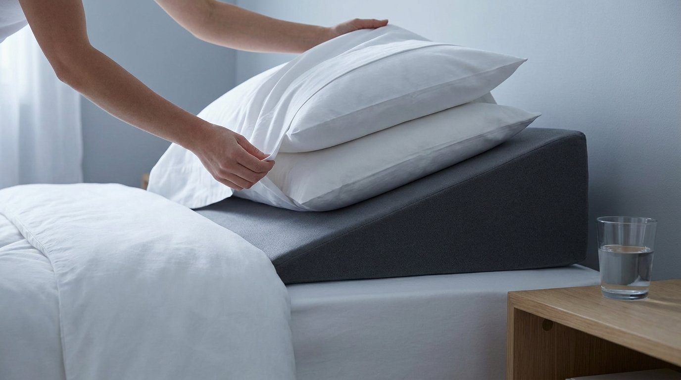 Hands arranging firm pillows on an inclined foam wedge pillow on a plain white bed, with a glass of water on the bedside surface.