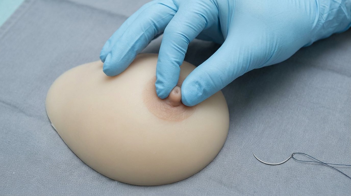 A single gloved hand pinching the areola of a silicone breast model to draw out a deeply seated nipple, with a curved suture needle lying nearby.