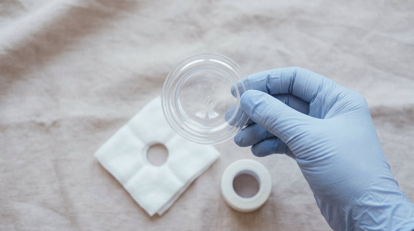 A hand holding a small clear domed nipple protection shield above a gauze dressing with a central opening and a roll of soft tape on neutral fabric.