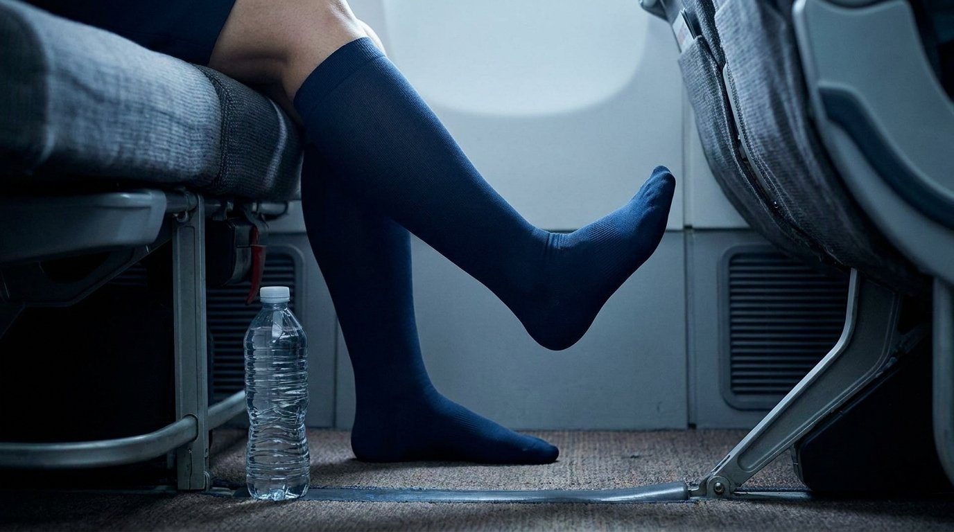 Legs in compression stockings in a plane footwell, one ankle flexed in a calf-pump movement, a water bottle on the floor.