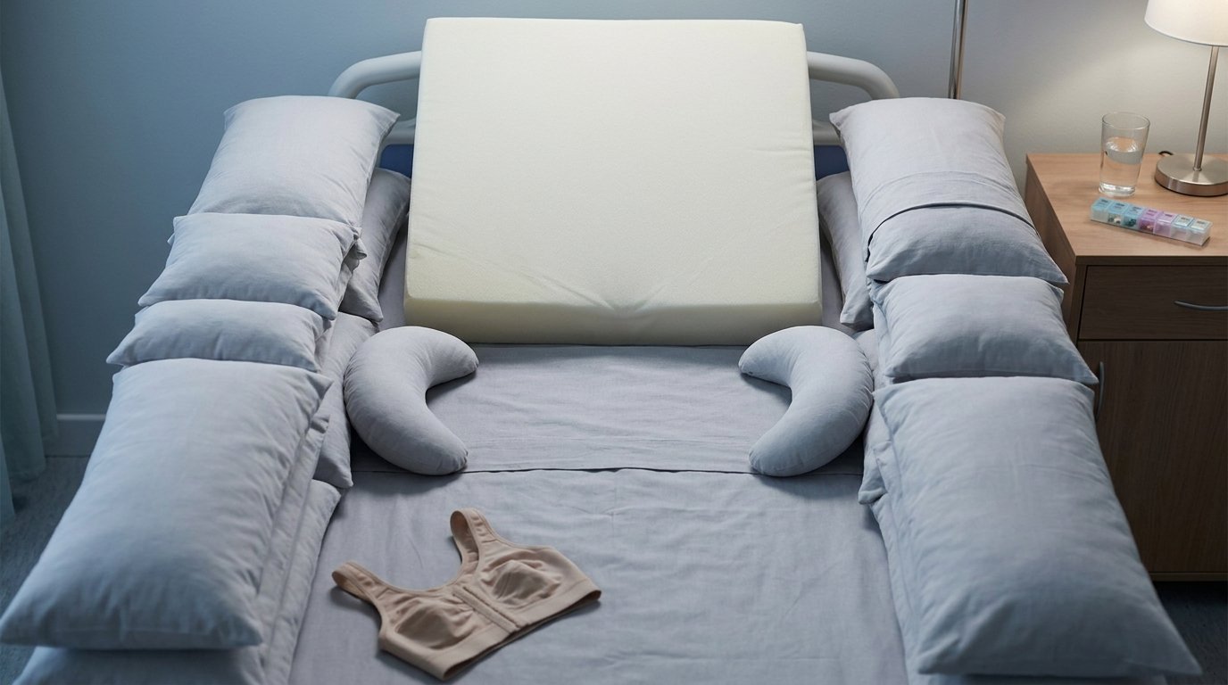 An empty bed with a wedge pillow, pillow barriers along each side and small elbow cushions, with a folded support bra and water glass nearby.