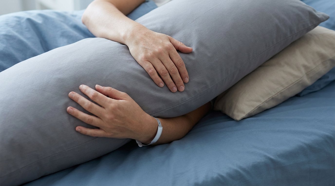 Two hands tucking a long body pillow against the chest on a bed, with a second pillow wedged behind to prevent rolling.