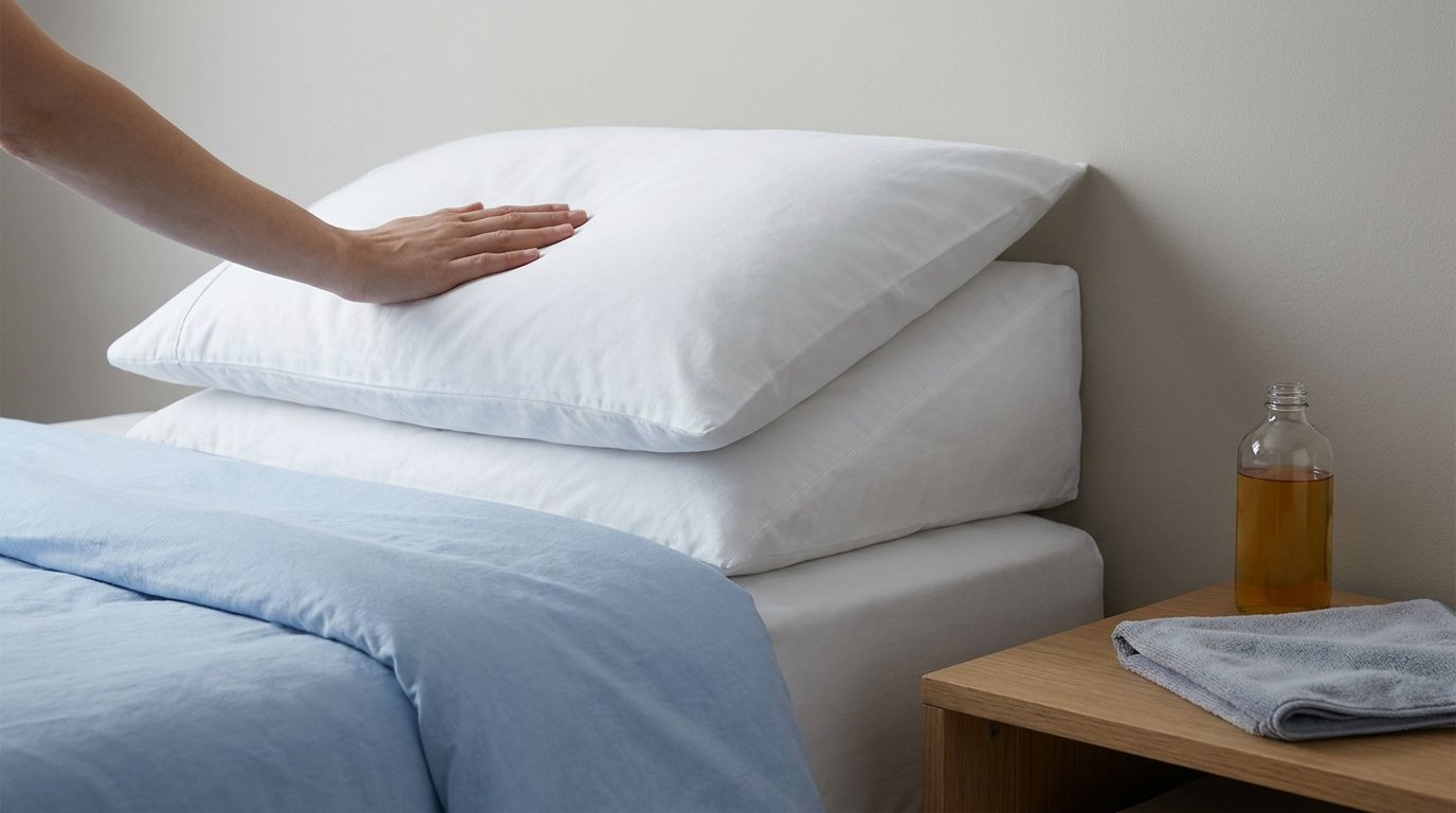 Two stacked bed pillows raised at the head end with a hand smoothing the top pillow, mouthwash and towel on the bedside table.