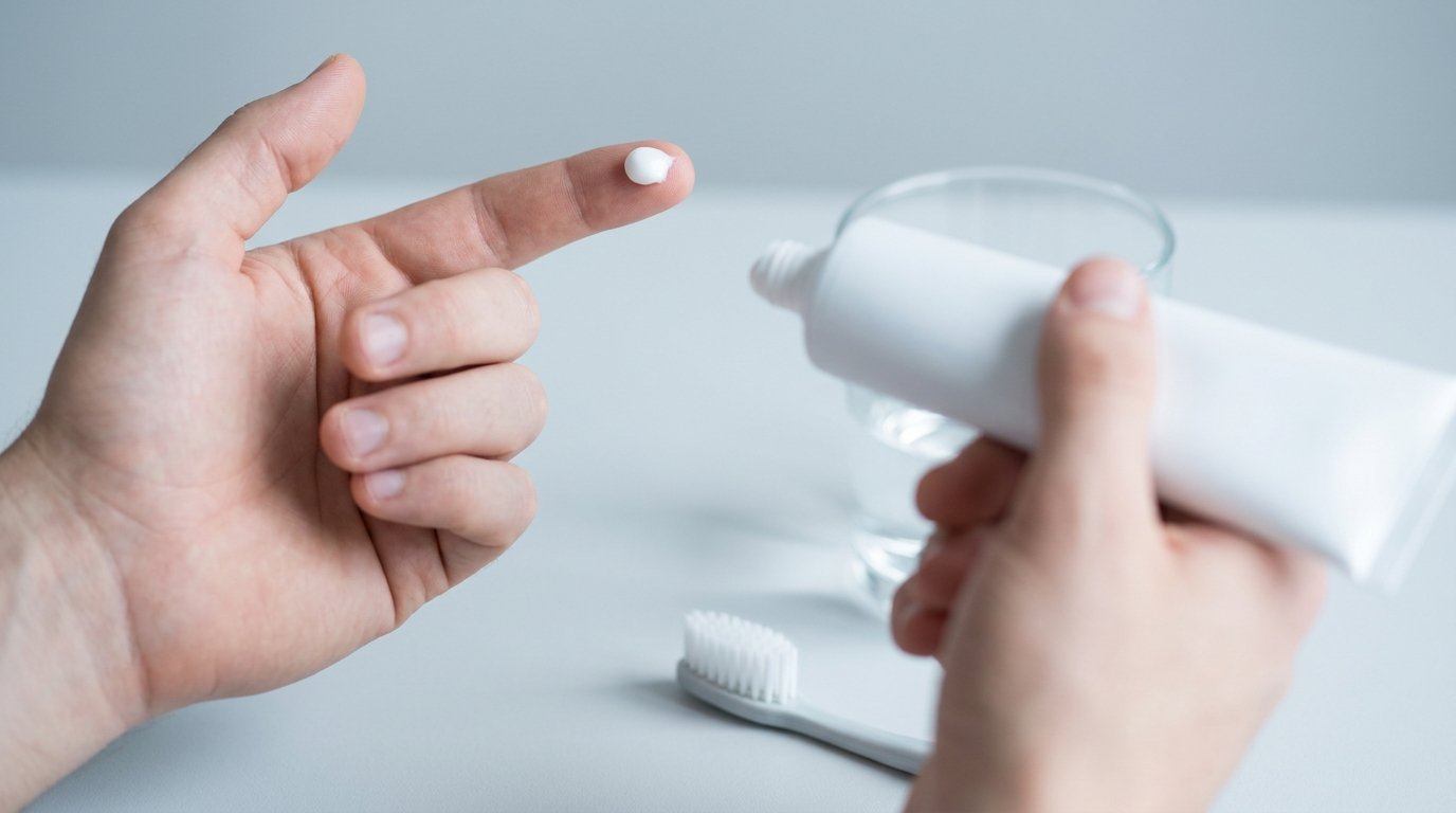Two hands, one holding an unmarked toothpaste tube and the other showing a dab of white paste on the fingertip, with a soft toothbrush and glass of water nearby.