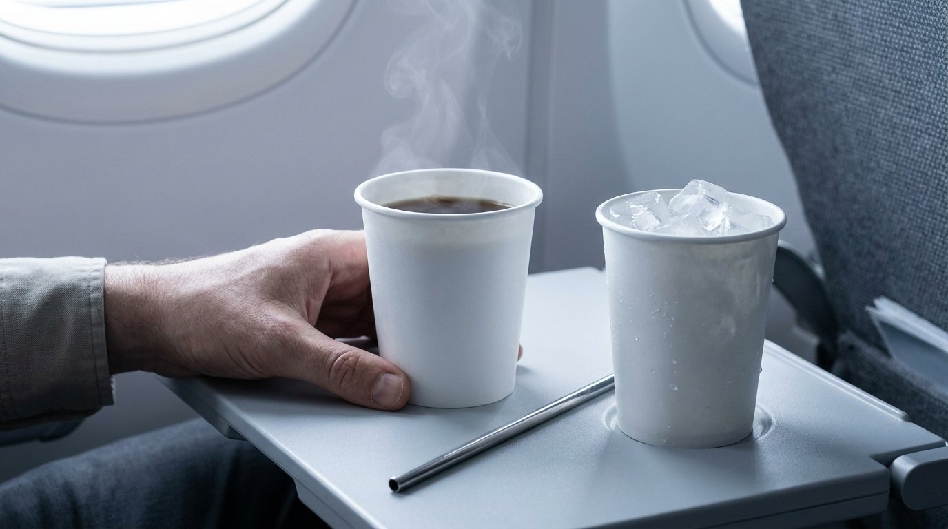 One hand on a tray table between an unmarked steaming hot cup and an ice-filled cup, with a plain straw resting between them.