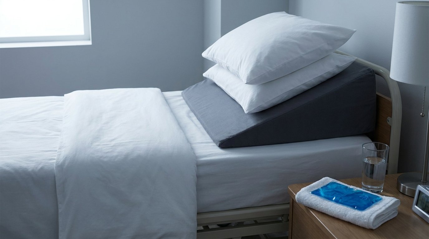 A wedge pillow raising the head end of a plain white bed, with a folded cold pack and glass of water on the nightstand.