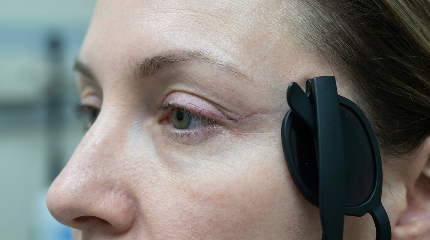 Extreme close-up of one eye's outer corner showing a fine fading incision and slightly upswept lid, with folded sunglasses resting at the temple.