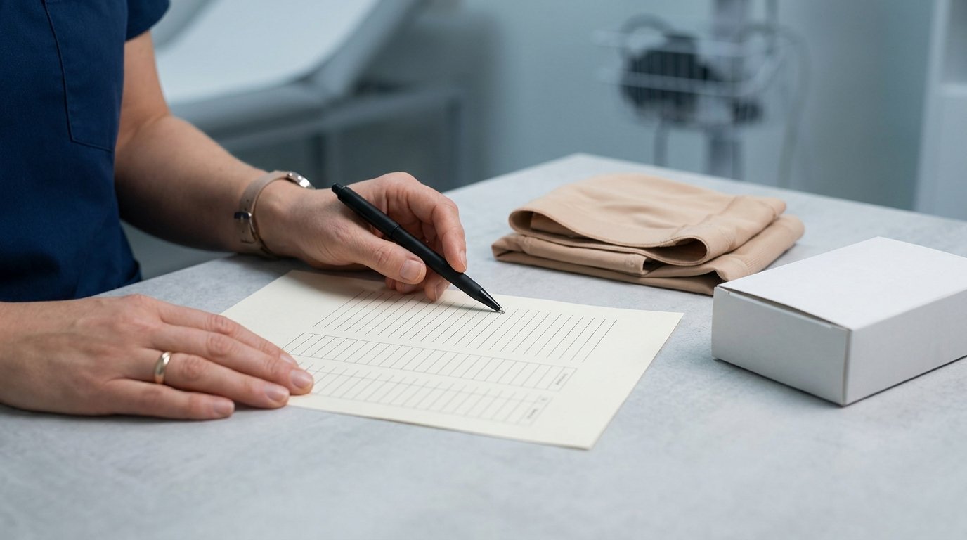 Two hands reviewing a plain itemised quote sheet on a desk with a pen, a folded compression garment and a medication box nearby.