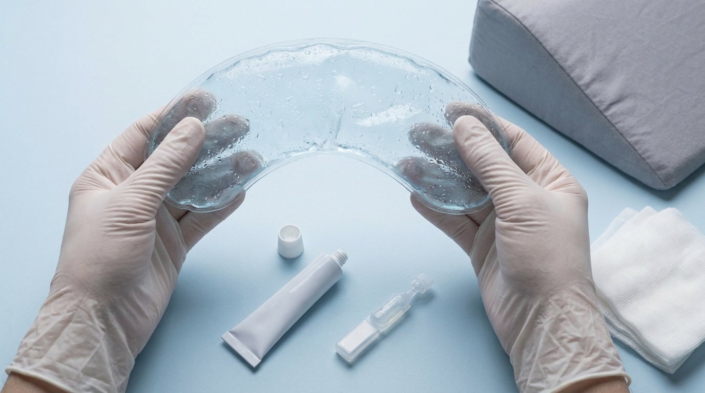 Flat-lay of a chilled gel eye mask held by two hands, with eye ointment, lubricating drops, gauze and a wedge pillow on a plain surface.