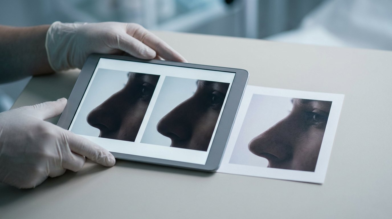 Hands holding a tablet showing two matched-angle profile nose photos beside an aligned printed profile.