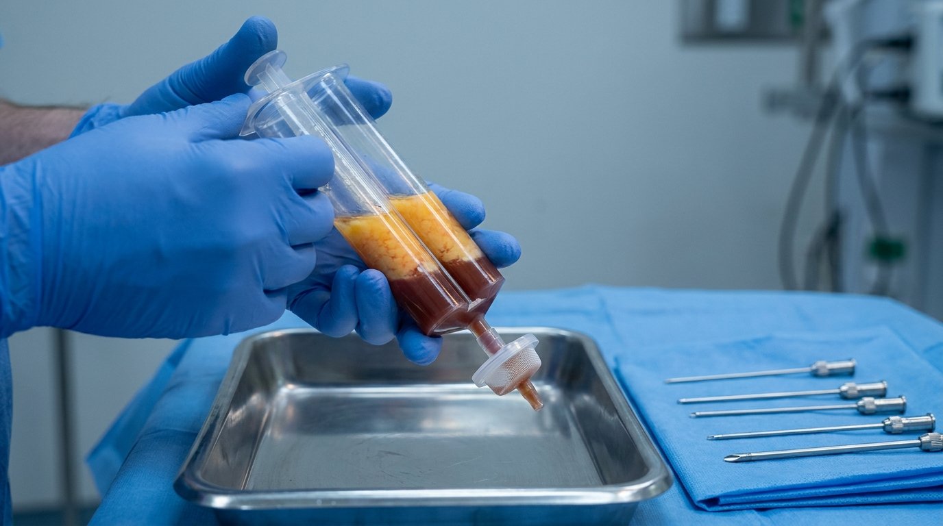 Gloved hands processing separated golden fat in a transparent canister over a steel tray, with blunt cannulas on sterile cloth.