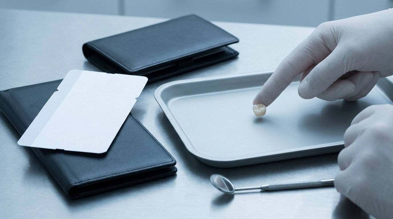 Gloved hands holding a single small temporary dental crown over a plain clinic tray with a closed boarding pass and travel wallet beside it.