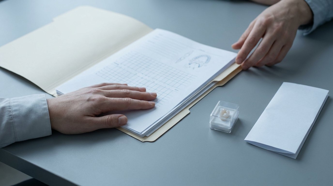 Hands resting on an open unbranded dental treatment file beside a small sample box with one spare crown and a folded leaflet on a plain table.