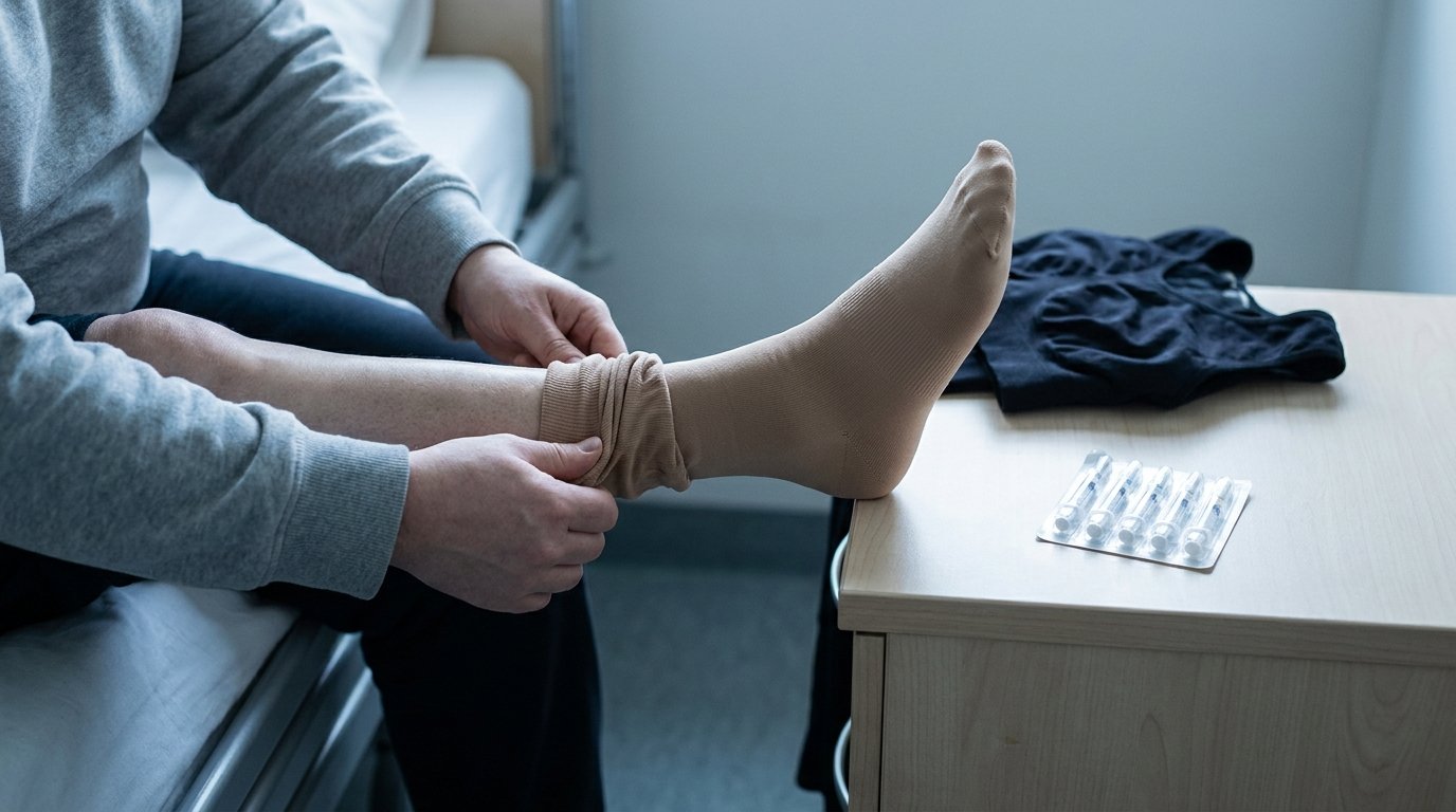 Hands pulling a compression stocking up a lower leg, with a folded compression garment and syringe pack resting nearby on a plain surface.