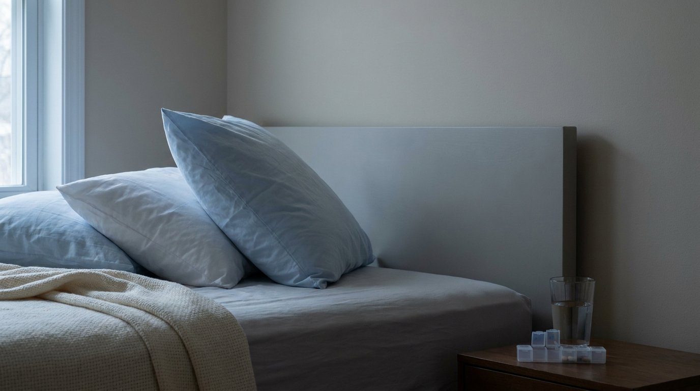An empty bed with two pillows stacked at an incline against a plain headboard, a water glass and pill organiser on the nightstand.