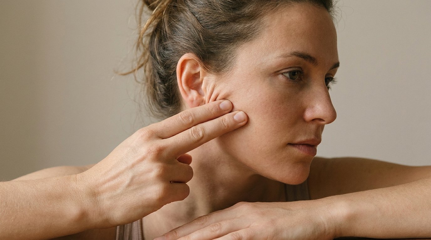 Woman drawing the skin in front of her ear upwards and backwards with two fingers, gathering a fold near the jawline.
