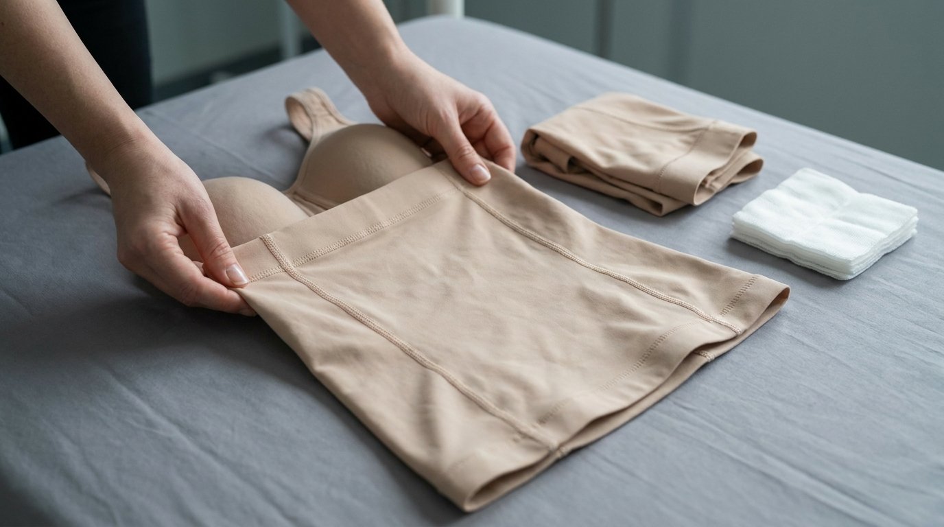 Two hands holding an open full-torso beige compression garment on a plain bedsheet, with a second folded garment and gauze pads nearby.