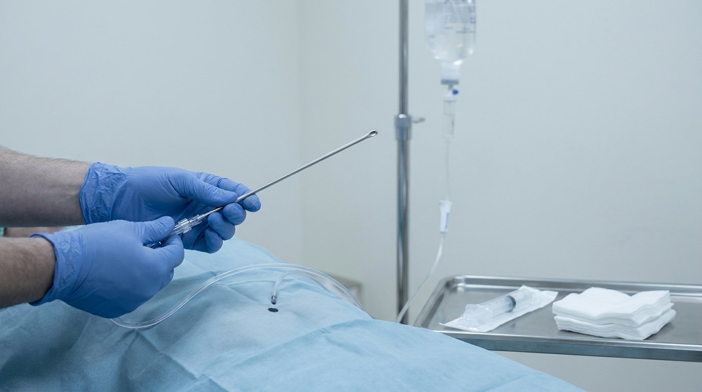 Gloved hands holding an infiltration cannula with clear tubing from a tumescent fluid bag above a draped torso, sterile tray alongside.